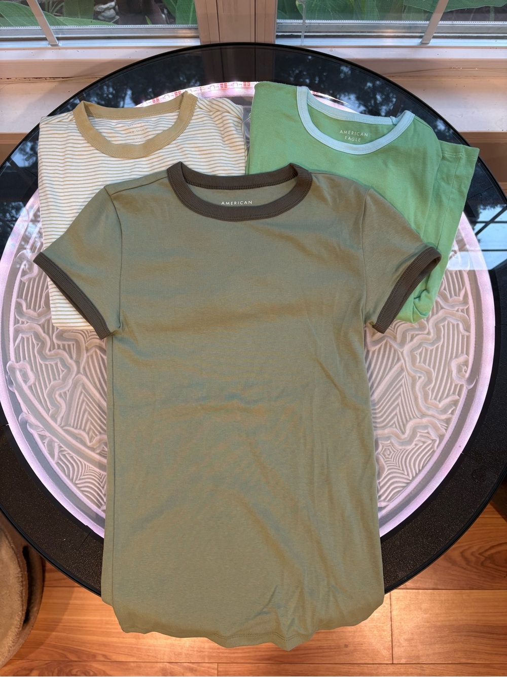 new American Eagle Olive & Green Ringer Tee Trio
